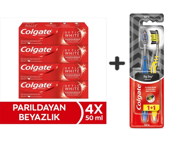 Colgate Optic White Parıldayan Beyazlık 50 ml x4 Adet + Zig Zag Charcoal 1+1 Orta Sert Diş Fırçası ürün görseli 1