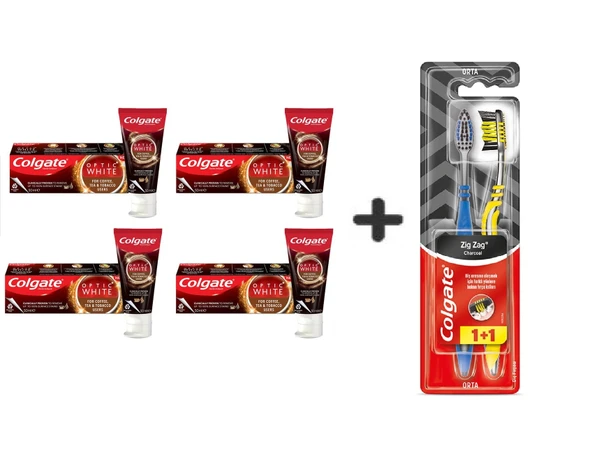 Colgate Optic White Kahve Çay Tütün Kullanan Diş Macun 125ML 4Ad Zig Zag Charcoal 1+1 Orta Diş Fırça ürün görseli 1
