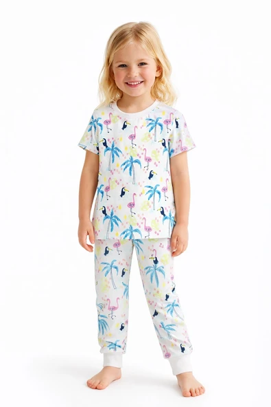 Flamingo Desenli Kısa Kol Kız Çocuk Pijama Takım ürün görseli 1