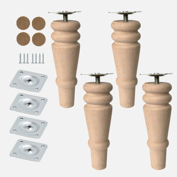 Bohem 15 cm Doğal Ahşap Ayak (4 Adet) Silindir Mobilya Koltuk Kanepe Ayağı Metal Montaj Aparat Keçe ürün görseli 1