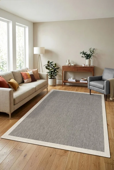 Çerçeveli Bohem Dokunuşlu Doğal Tonlarda Modern Sisal Gri Krem Renk Halı ürün görseli 1