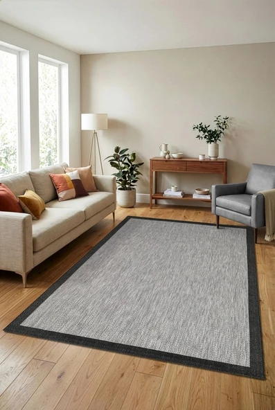 Çerçeveli Bohem Dokunuşlu Doğal Tonlarda Modern Sisal  Siyah Gri Renk Halı ürün görseli 1