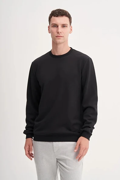 Cazador Premium Ince Desenli Jakar Viskon Karışımlı Regular Fit Sweatshirt  Siyah 53520 ürün görseli 1