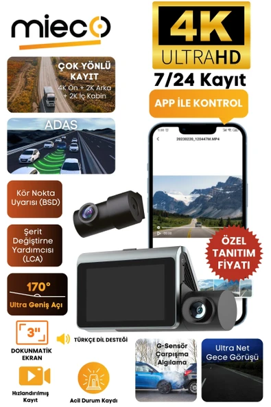 Mieco X18 Wifi /4K UHD/ 170 Ultra Geniş Açı/ ADAS/ G-Sensör / 3 Kameralı Araç Kamerası ürün görseli 1