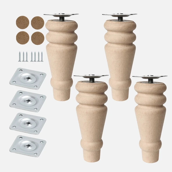 Bohem 12 cm (4 Adet) Doğal Boyasız Ahşap Ayak Silindir Mobilya Koltuk Kanepe Ayağı Montaj Aparatı ürün görseli 1