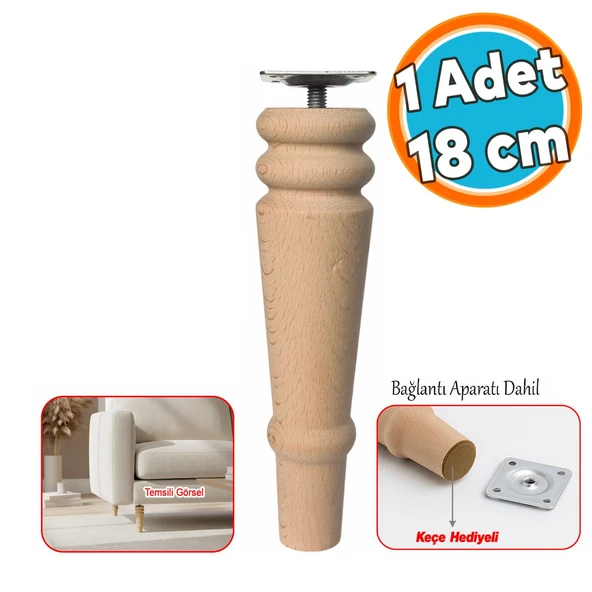 Doğal Boyasız Ahşap Ayak Silindir Mobilya Koltuk Kanepe Ayağı Metal Montaj Aparat & Keçe 18 cm Bohem ürün görseli 1