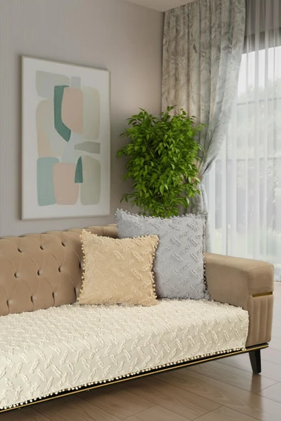 Ponela Bohem Ponponlu Koltuk Örtüsü 90x200 cm Sadece Oturma Alanı (1 Adet )- Krem ürün görseli 1