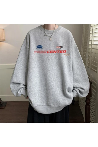 F422 Center Baskılı Gri Unisex Oversize Bisiklet Yaka Sweatshirt ürün görseli 1