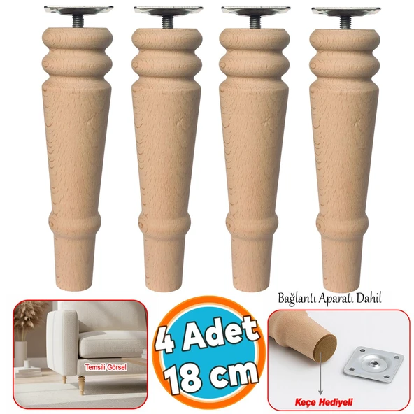 Doğal Boyasız Ahşap Ayak Silindir Mobilya Koltuk Kanepe Ayağı & Montaj Aparat (4 Adet) Bohem 18 cm ürün görseli 1