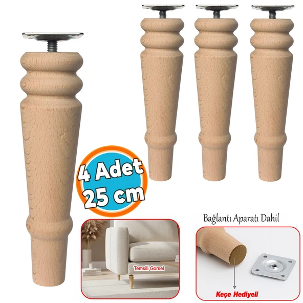 Doğal Boyasız Ahşap Ayak Silindir Mobilya Koltuk Kanepe Ayağı & Montaj Aparat (4 Adet) Bohem 25 cm ürün görseli 1