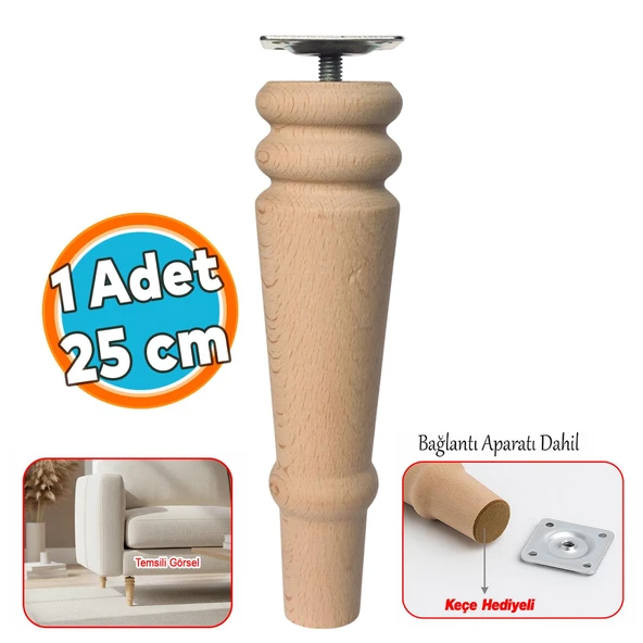Doğal Boyasız Ahşap Ayak Silindir Mobilya Koltuk Kanepe Ayağı Metal Montaj Aparat & Keçe Bohem 25 cm ürün görseli 1