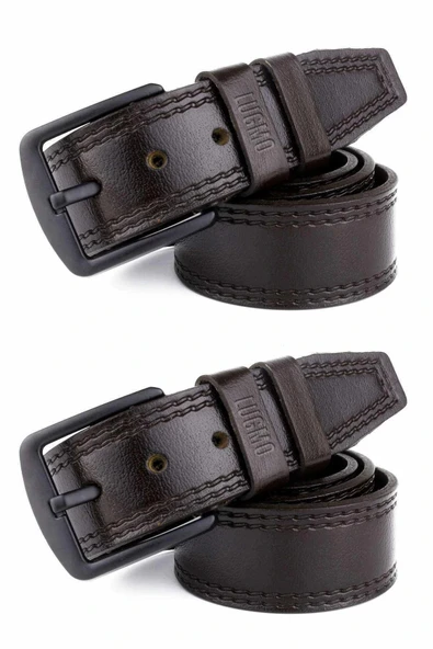 2 Adet Hakiki Deri Erkek Kemer 4,5 cm Dikiş Desenli Kahverengi ürün görseli 1
