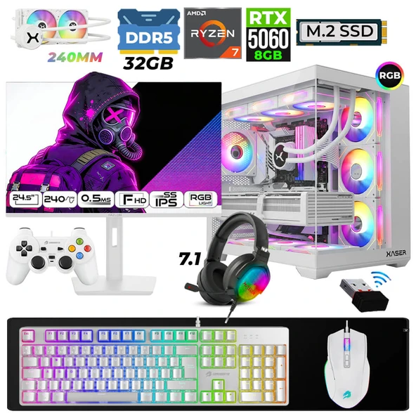 Xaser Moon X50 Ryzen 7 7800X3D 32GB DDR5 Ram 1TB M.2 NVMe SSD 8GB RTX5060 Sıvı Soğutmalı 24,5" 240Hz Oyuncu Tavsiye Sistem ürün görseli 1