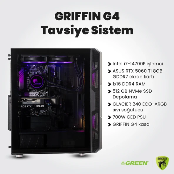 GRIFFIN G4 | RTX 5060TI Gaming PC | Intel i7-14700F | 16GB Ram | 512GB SSD |Sıvı Soğutucu | Oyuncu OEM Paket ürün görseli 1