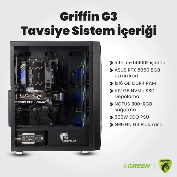 GRIFFIN G3 PLUS  RTX 5060 Gaming PC  Intel Core i5-14400F  16GB Ram  512GB SSD  Oyuncu OEM Paket ürün görseli 1