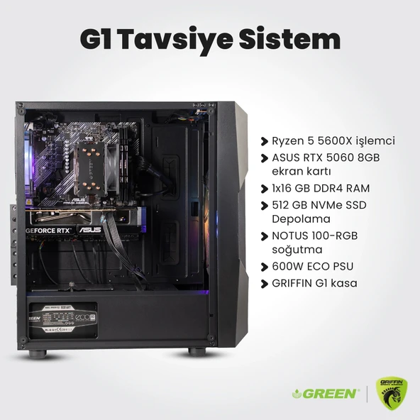 GRIFFIN G1  RTX 5060 Gaming PC  Ryzen 5 5600X  16GB Ram  512GB SSD  Oyuncu OEM Paket ürün görseli 1