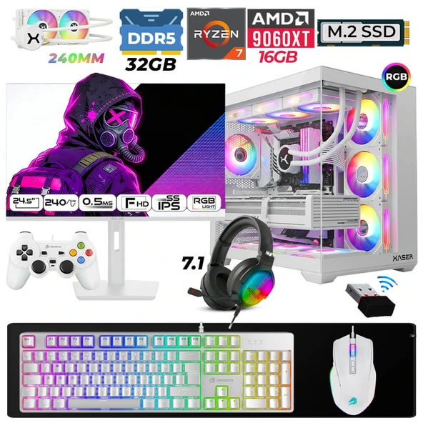 Xaser Moon X80 Ryzen 7 7800X3D 32GB DDR5 Ram 1TB M.2 NVMe SSD 16GB RX9060 XT Sıvı Soğutmalı 24,5" 240Hz Oyuncu Tavsiye Sistem ürün görseli 1