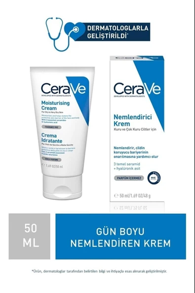CeraVe Nemlendirici Krem Kuru Ciltler Seramid ve Hyalüronik Asit İçerikli Yüz Vücut 50ml ürün görseli 1