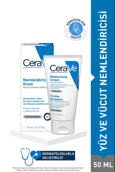 CeraVe Nemlendirici Krem Kuru Ciltler Seramid ve Hyalüronik Asit İçerikli Yüz Vücut 50ml ürün görseli 1