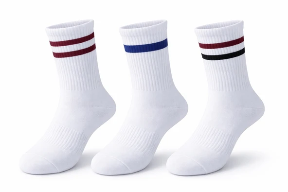 Unisex Beyaz Tenis Çorabı | Çizgili, Pamuklu Uzun Spor Çorabı ürün görseli 1