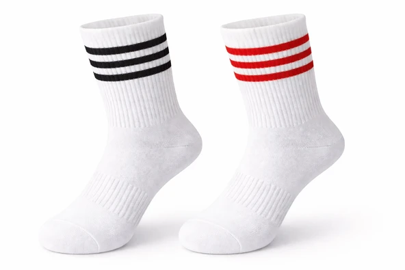 Unisex Beyaz Tenis Çorabı | Çizgili, Pamuklu Uzun Spor Çorabı ürün görseli 1