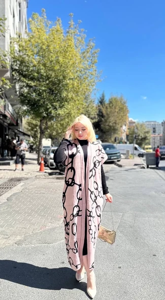 Siyah çizgi desenli elbiseli hırka takım pudra siyah ürün görseli 1