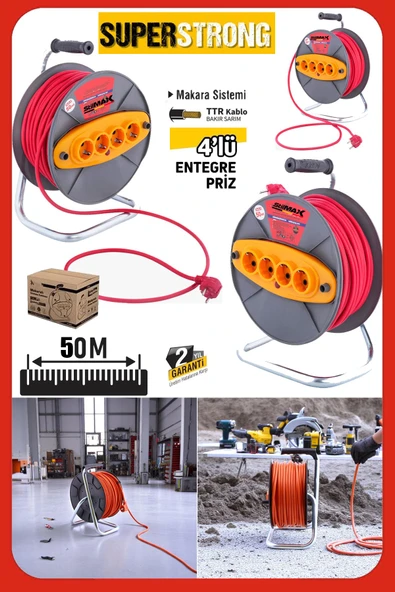 Stilmax Makaralı Uzatma Kablosu 3x2.5 mm 50 Metre 4 Prizli Seyyar Uzatma Kablosu Atölye Ev Tip ürün görseli 1