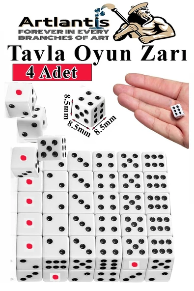 Tavla Zarı 4 Adet Beyaz Zar Akrilik 8.5 mm Masa Oyunu Kırmızı Siyah Noktalı Beyaz Oyun Zarlar ürün görseli 1