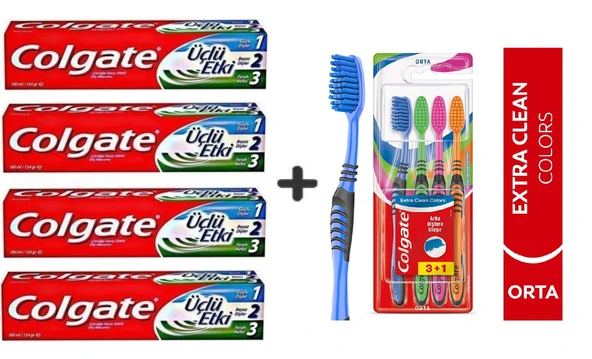 Colgate Diş Macunu Üçlü Etki 100 ml x 4 Adet + Extra Clean Colors Diş Fırçası 3+1 ürün görseli 1