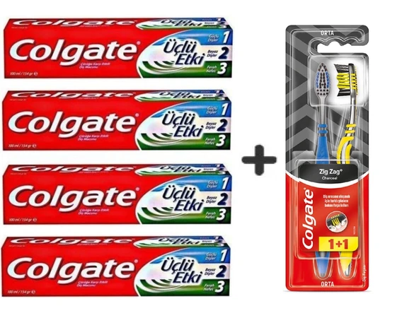 Colgate Diş Macunu Üçlü Etki 100 ml x 4 Adet + Zig Zag Charcoal 1+1 Orta Sert Diş Fırçası ürün görseli 1