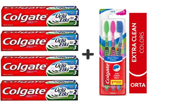 Colgate Diş Macunu Üçlü Etki 100 ml x 4 Adet + Extra Clean Colors Diş Fırçası 3lü ürün görseli 1
