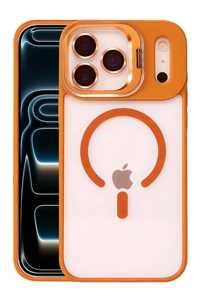 Fuchsia iPhone 17 Pro ile Uyumlu Remim Lensli Kablosuz Şarj Özellikli Standlı Kapak - Turuncu ürün görseli 1