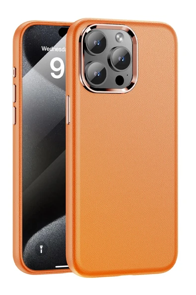Yesido iPhone 15 Pro Max ile Uyumlu PC09 Elegance Deri Magneticsafe Kapak - Turuncu ürün görseli 1