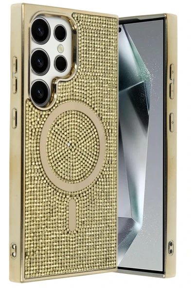 Fuchsia Samsung Galaxy S24 Ultra ile Uyumlu Helen Kablosuz Şarj Özellikli Kapak - Gold ürün görseli 1