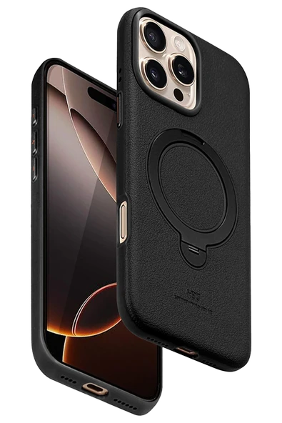 Fuchsia iPhone 16 Pro ile Uyumlu Vapor Deri Kablosuz Şarj Özellikli Standlı Kılıf - Siyah ürün görseli 1