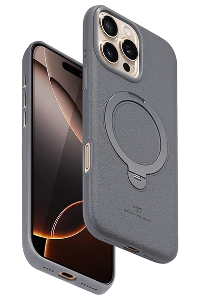Fuchsia iPhone 16 Pro Max ile Uyumlu Vapor Deri Kablosuz Şarj Özellikli Standlı Kılıf - Titan Gri ürün görseli 1