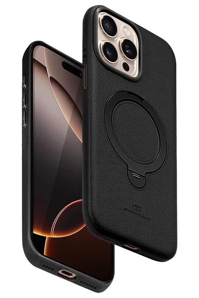 Fuchsia iPhone 14 Pro Max ile Uyumlu Vapor Deri Kablosuz Şarj Özellikli Standlı Kılıf - Siyah ürün görseli 1