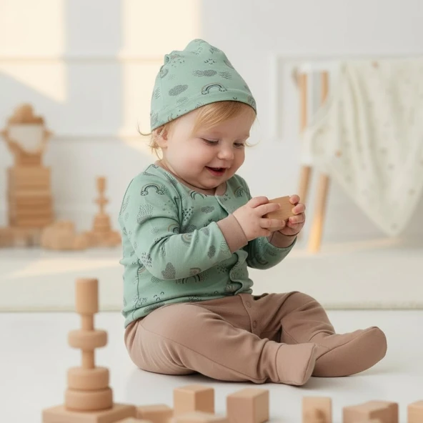 Bulut Desenli Şapkalı Bebek Tulum - Resim 4