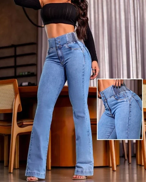 Kadın Yüksek Bel Yanları Lastik önü Düğmeli Kot Pantolon ürün görseli 1