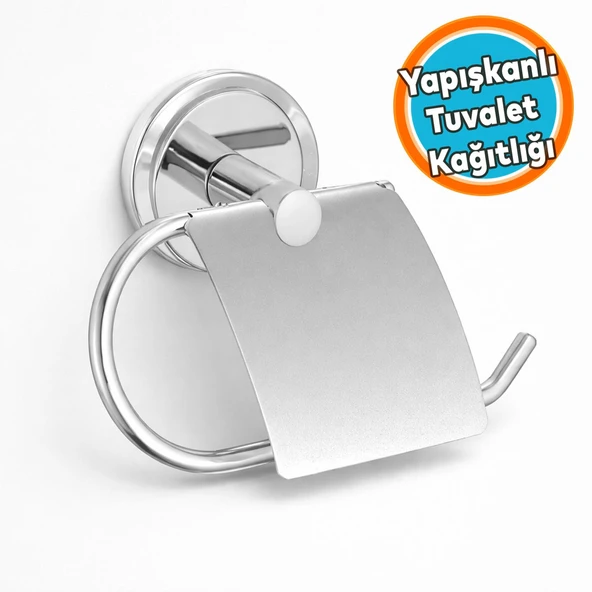 Metal WC Kağıt Standı Yapışkanlı Tuvalet Kağıtlık Aparat Kapaklı Paslanmaz Sağlam Krom ürün görseli 1