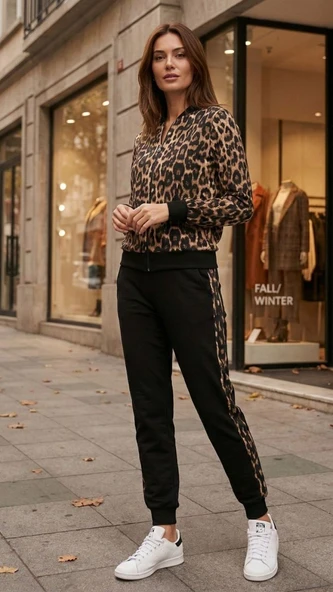 Kadın Uzun Kollu önden Fermuarlı Leopar Desen Detaylı Viskon Iki Iplik Kumaş Ikili Takım ürün görseli 1