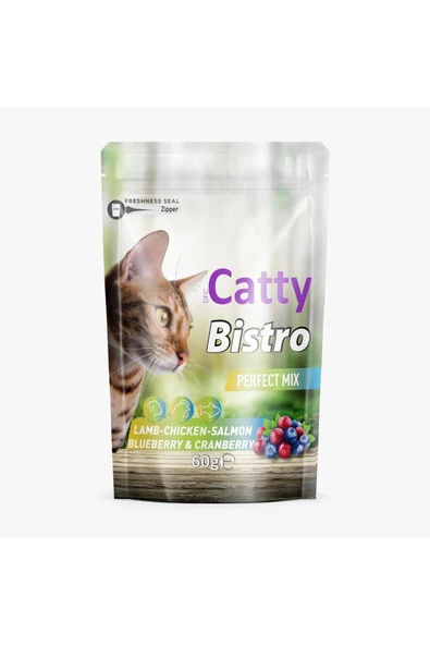 Catty BİSTRO MÜKEMMEL KARIŞIM KUZULU_TAVUKLU_SOMONLU_YABAN MERSİNLİ_KIZILCIKLI 60G (PERFECT MİX) ürün görseli 1