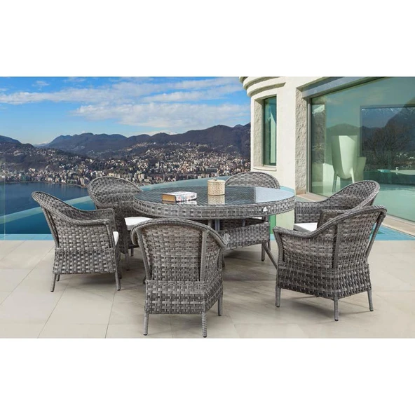 Rattan Bahçe Yemek Masa Sandalye Takımı | Aluminyum | 140 cm | Rehome 6 Kişilik ürün görseli 1