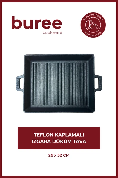 BUREE DİKDÖRTGEN TEFLON KAPLAMALI IZGARA DÖKÜM TAVA - 26 x 32 CM ürün görseli 1