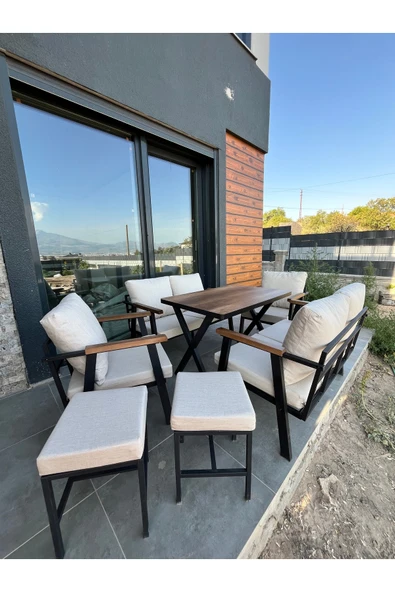 Kırlenta 2 2 1 1 + 2 ADET PUF KREM Yemek Masası Bahçe Takımı Balkon Takımı Bahçe Seti Oturma Grubu ürün görseli 1