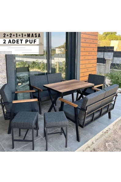 Kırlenta 2 2 1 1 Yemek Masası Ve 2 Adet Puf Antrasit Bahçe Takımı Balkon Takımı Bahçe Seti Oturma Grubu ürün görseli 1