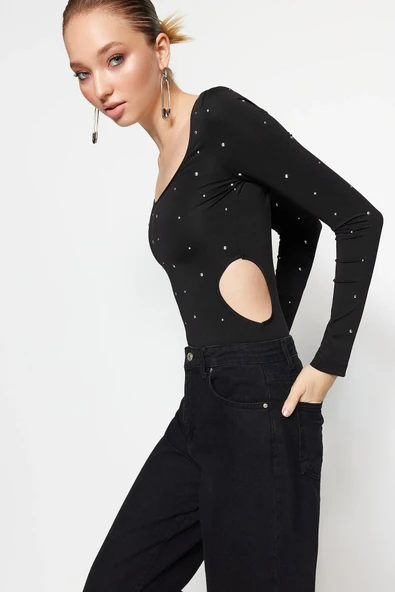 Siyah Örme Çıtçıtlı Parlak Taşlı Body ürün görseli 1