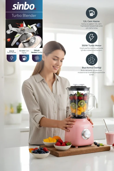 Sinbo SHB-7516 Turbo Blender - Smoothie Blender - 1.5 Litre Cam Hazne-Pembe ürün görseli 1