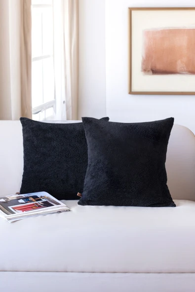 İskandinav Bohem 2'li Kırlent Kılıfı Modern Dekoratif Salon Koltuk Yastık Kılıfı 55x55 cm Teddy Puffy Siyah ürün görseli 1