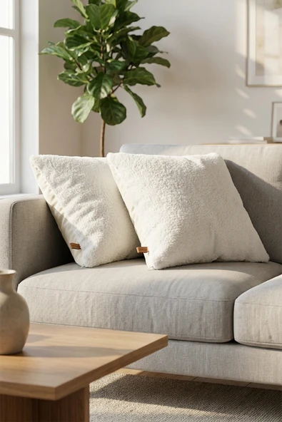 İskandinav Bohem 2'li Kırlent Kılıfı Modern Dekoratif Salon Koltuk Yastık Kılıfı 50x50 cm Teddy Puffy Beyaz ürün görseli 1